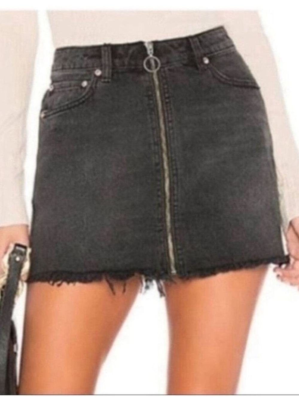 We The Free Free People Black Denim Mini Skirt Raw Hem Cotton Size 27